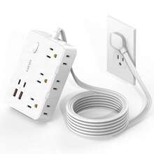 Regleta de protección contra sobretensiones con enchufe plano de 5 pies, 6 tomas de corriente espaciadas + 4 puertos USB, extensor de enchufe de pared, esencial para el hogar, la oficina, el dormitorio - Blanco - Ver 11