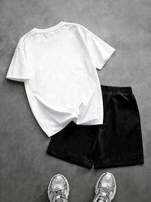 2pcs Boy Summer Set,HUK Fishing Pattern Printed, Comfortable Short Sleeved T-Shirt And Shorts Set, Suitable For Beach Summer Outdoor Vacation Wear - 白色 - 查看 2
