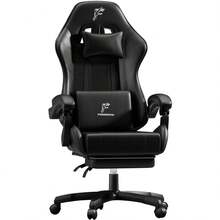 HLONONE Silla gaming con reposapiés, reposabrazos articulados, acolchado de espuma, respaldo ajustable a 135°, soporte para la cabeza y lumbar – Silla de oficina ergonómica de piel sintética para oficina en casa, zona de juegos, dormitorio y salón. - Negro - Ver 1