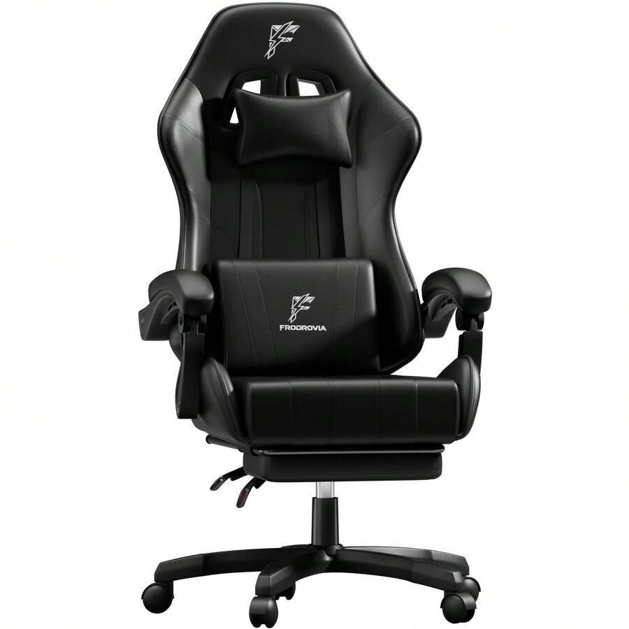 HLONONE Silla gaming con reposapiés, reposabrazos articulados, acolchado de espuma, respaldo ajustable a 135°, soporte para la cabeza y lumbar – Silla de oficina ergonómica de piel sintética para oficina en casa, zona de juegos, dormitorio y salón. - Negro - Ver 1