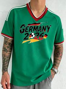 Camiseta de manga corta para hombre,Copa  2026, Envío desde México,Camiseta de cuello V con estampado de fútbol y Alemania 2026 - Verde - Ver 1