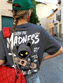 「Enjoy The Madness」滑板熊圖案 T 恤，街頭風卡通印花短袖，頹廢美學休閒，大膽都市風夏季 - 深灰色 - 查看 8