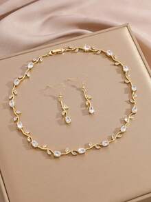 3pcs Luxury Dreamy Elegant Pink Zirconia Flower Vine Leaf Chain Necklace And Earrings Jewelry Set, Suitable For Women Daily Commute, Birthday, Valentine's Day, Wedding, Party Occasions, Gift For Mom - Gold - View 6