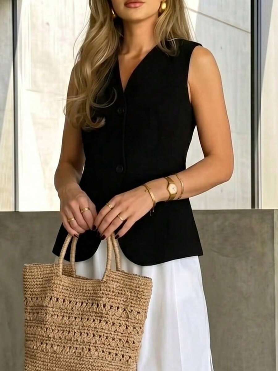 Women's Regular Length Sleeveless Knit Fabric Vest With Button Front Black - Black - View 1