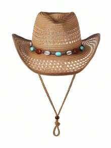 1pc Bohemian Style Solid Color Beaded Hollow Panama Straw Hat, Good UV Protection, Suitable For Daily Wear As Decorative Accessory, Fashionable And Versatile - Multicolor - View 5