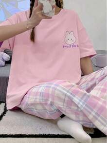 Conjunto de camiseta de manga corta y pantalones largos de verano para adolescentes, cuello redondo, estampado de conejo de dibujos animados - Rosa - Ver 5