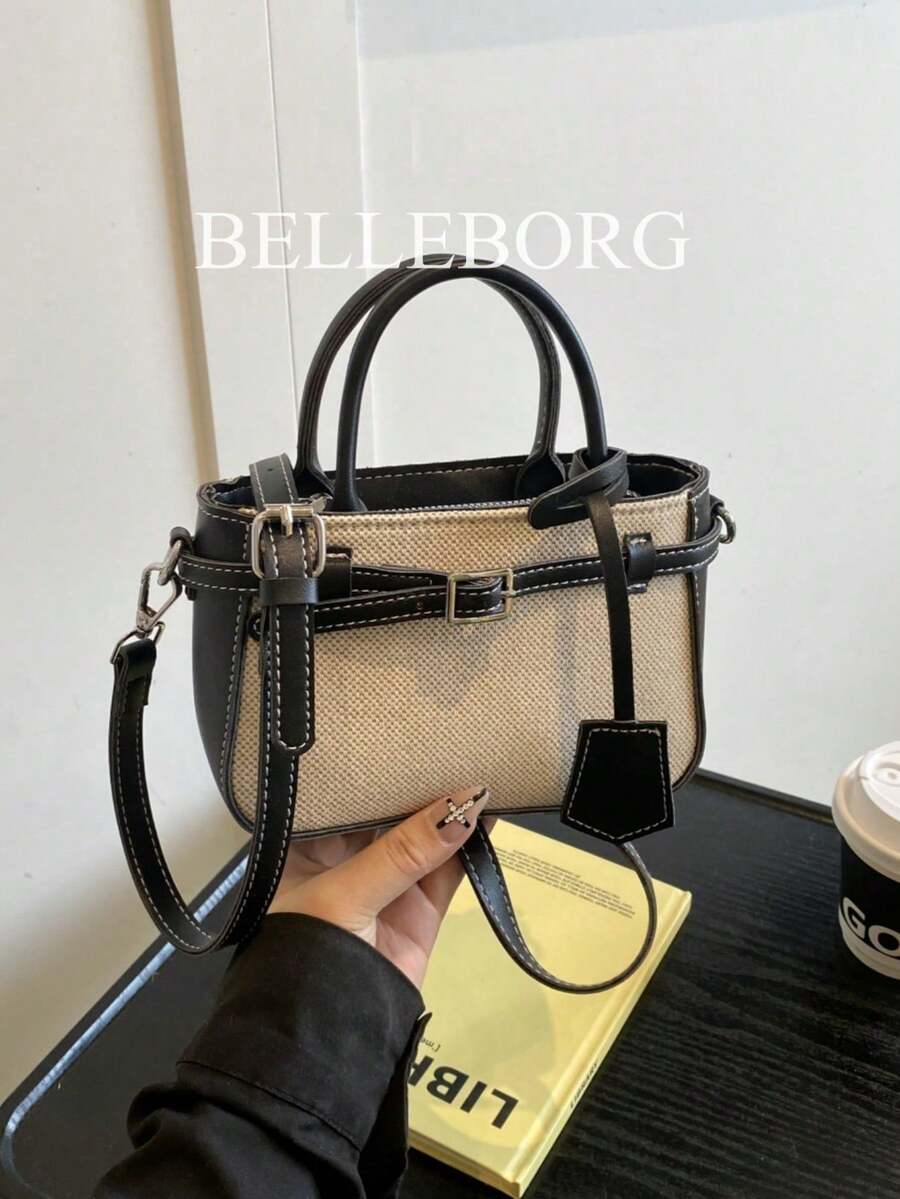 Casual Colorblock Textured Versatile Commuter Vintage Canvas Strap Buckle Women's Small Handheld Square Bag - Black - View 1