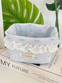1Pc Cute Lace Ruffle Quilted Storage Basket, Small Bow Print Foldable Desktop Organizer For Cosmetics Sundries Bedroom Decor - Multicolor - View 11