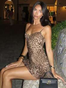 Mini Chiffon Dress With Animal Print, V-Neck, Open Back, Straps, Defined Waist, Sexy Style - Coffee Brown - View 2