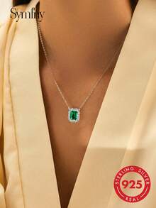 SYMFNY 1pc 925 Sterling Silver Fashion Luxury Elegant Green Emerald Cut Cubic Zirconia Pendant Necklace - Green - View 2