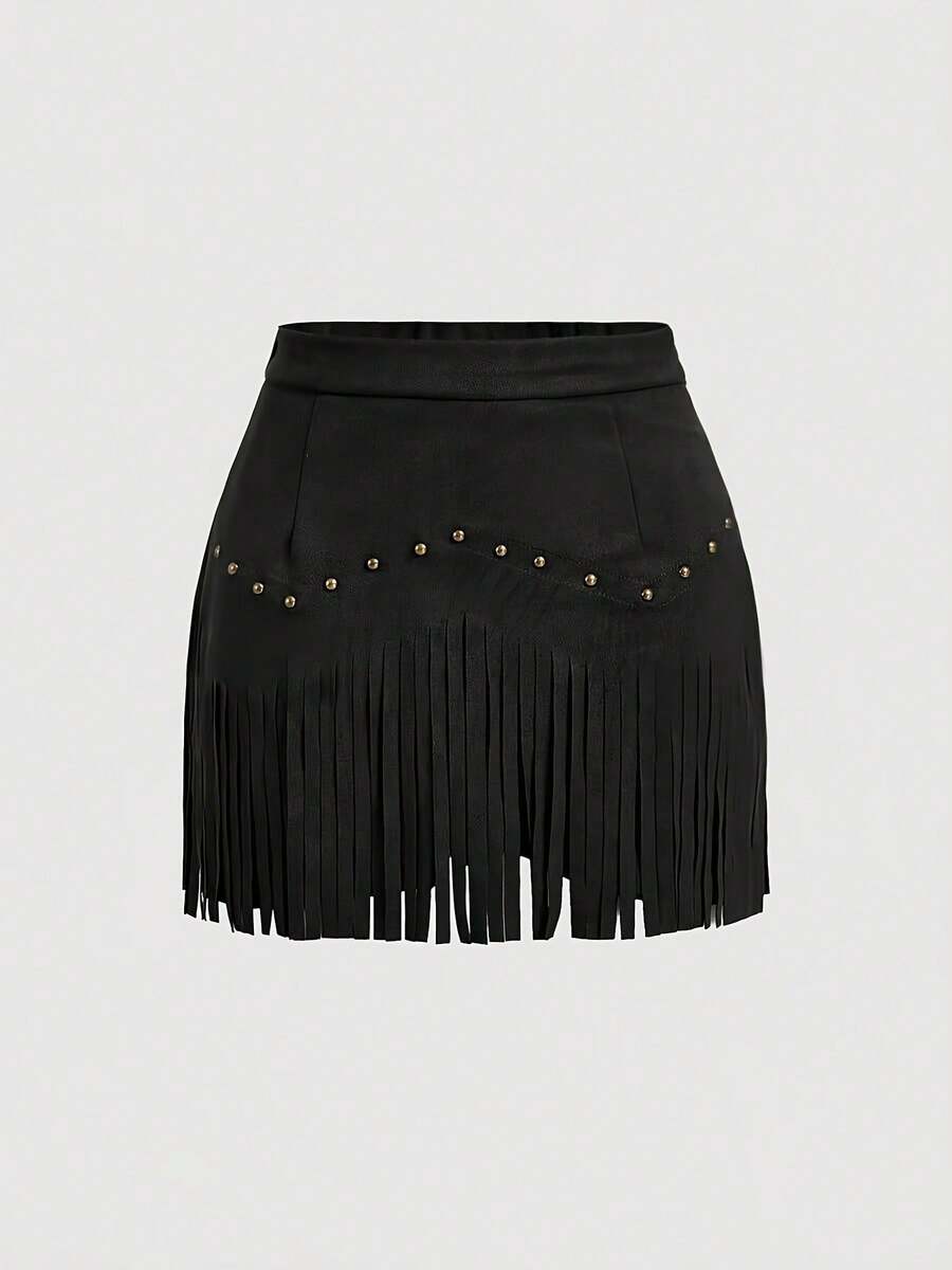 Falda tipo A de imitación de cuero marrón con borlas y tachuelas estilo hippie vintage para mujer - Negro - Ver 1