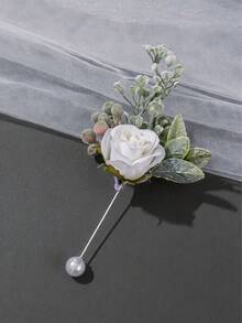 1pc/2Pcs White Frosted Greenery Rose Boutonniere & Pearl Beaded Wrist Corsage Set, Wedding Groomsman Bridesmaid Formal Prom Suit Accessories - Multicolor - View 5