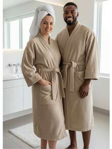 BATA DE BAÑO UNISEX AMPLIA Y LARGA EXCELENTE ABSORCIÓN TELA MICROTOALLA (ALGODÓN CON MICROFIBRA) - Camel - Ver 4