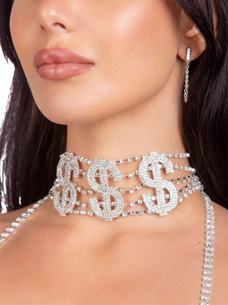 1pc Fashionable "NASTY" Letter Rhinestone Necklace, Sexy Women's Party Jewelry Accessory - Silver - View 1