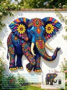 1Pc 2D Flat Colorful Elephant Metal Wall Decor, Boho Style Elephant Garden Ornament, Suitable For Home, Yard, Room, Courtyard And Balcony Decoration, Also Used As Outdoor Fence Decor, Housewarming & Holiday Gift, Ideal Present For Friends And Family - Elephant B - View 8