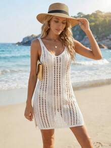NZZOF Solid Color Vertical Hollow Crochet Sleeveless Knit Short Cover-Up Dress (Bikini Not Included) Vacation Beach White Summer - White - View 4