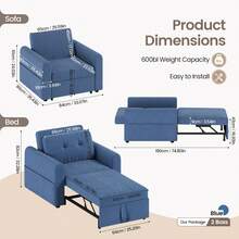 Single Sofa Bed, Convertible Linen Sleeper Sofa Chair With Storage Pockets, 3 Adjustable Backrest, 3-In-1 Pull Out Sofa Bed For Living Room, Bedroom, Blue - Blue - View 2