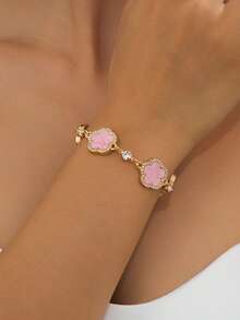 1pc Luxury Elegant Charming Glamorous Summer Vacation Style Sparkling Gentle Pink Sweet Five-Leaf Clover Women's Bracelet (No Gift Box) - Pink - View 2