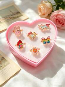 6 piezas Caja de regalo Anillos de esmalte con animales de dibujos animados, Anillos de dedo ajustables versátiles chapados en oro Accesorios, Anillos abiertos de esmalte colorido con unicornio conejo corazón flor mariposa - Dorado - Ver 1
