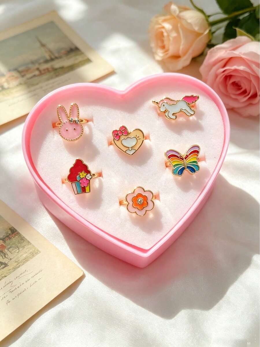 6 piezas Caja de regalo Anillos de esmalte con animales de dibujos animados, Anillos de dedo ajustables versátiles chapados en oro Accesorios, Anillos abiertos de esmalte colorido con unicornio conejo corazón flor mariposa - Dorado - Ver 1