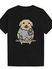 Men's Summer Casual Round Neck Polyester T Shirt,Printed With Cute Puppy Patterns And Spanish Phrases"Que Ya Depositen",Lightweight And Breathable,Suitable For Everyday Wear,Summer Fun Patterns T Shirt. - 黑色 - 查看 1