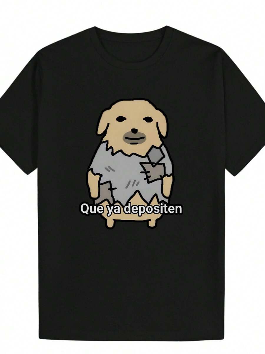 Men's Summer Casual Round Neck Polyester T Shirt,Printed With Cute Puppy Patterns And Spanish Phrases"Que Ya Depositen",Lightweight And Breathable,Suitable For Everyday Wear,Summer Fun Patterns T Shirt. - 黑色 - 查看 1