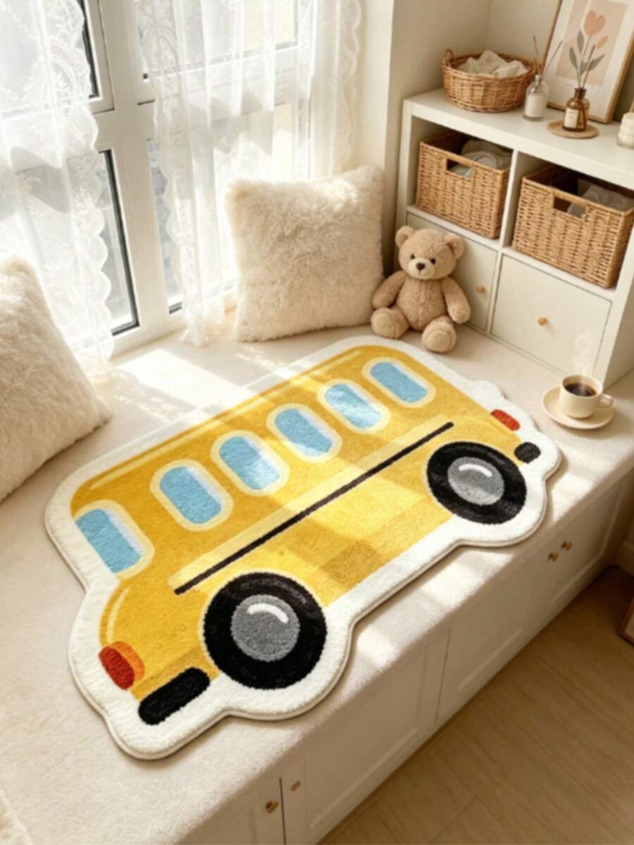 1pc Cartoon Yellow School Bus Shaped Doormat, Decorative Rug, Bedroom Decor, Floor Mat, Carpet, Home Decor, Living Room Rug, Small Living Room Rug, Bedroom Rug, Living Room Home Decor, Outdoor Rug, Washable Rug - Multicolor - View 1