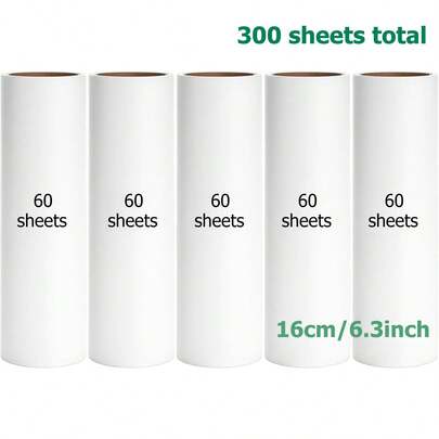 6.3 Inch Lint Roller Refills, Extra Sticky, Pet Hair, 60 Sheets Per Roll, Pack Of 5, Total 300 Sheets