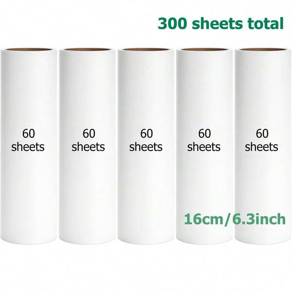 6.3 Inch Lint Roller Refills, Extra Sticky, Pet Hair, 60 Sheets Per Roll, Pack Of 5, Total 300 Sheets