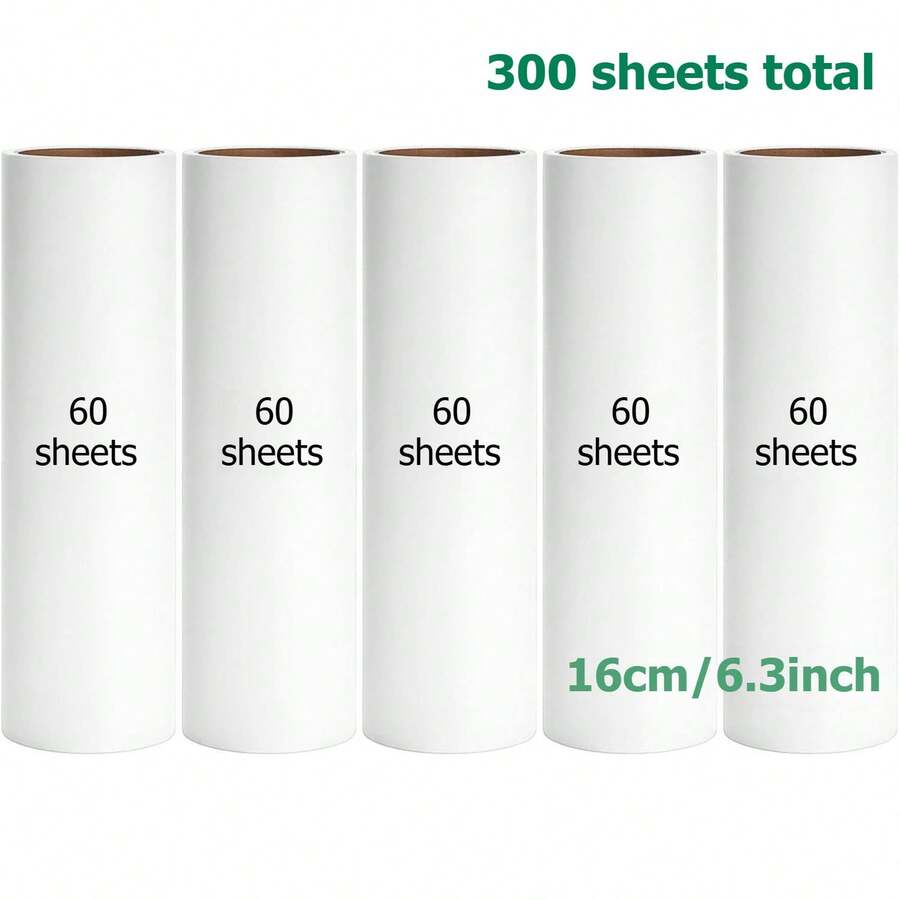 6.3 Inch Lint Roller Refill, Super Sticky, Suitable For Pet Hair, 60 Sheets Per Roll, 5 Rolls, Total 300 Sheets - 6.3in (Pack Of 5, Total 300 Sheets) - View 1