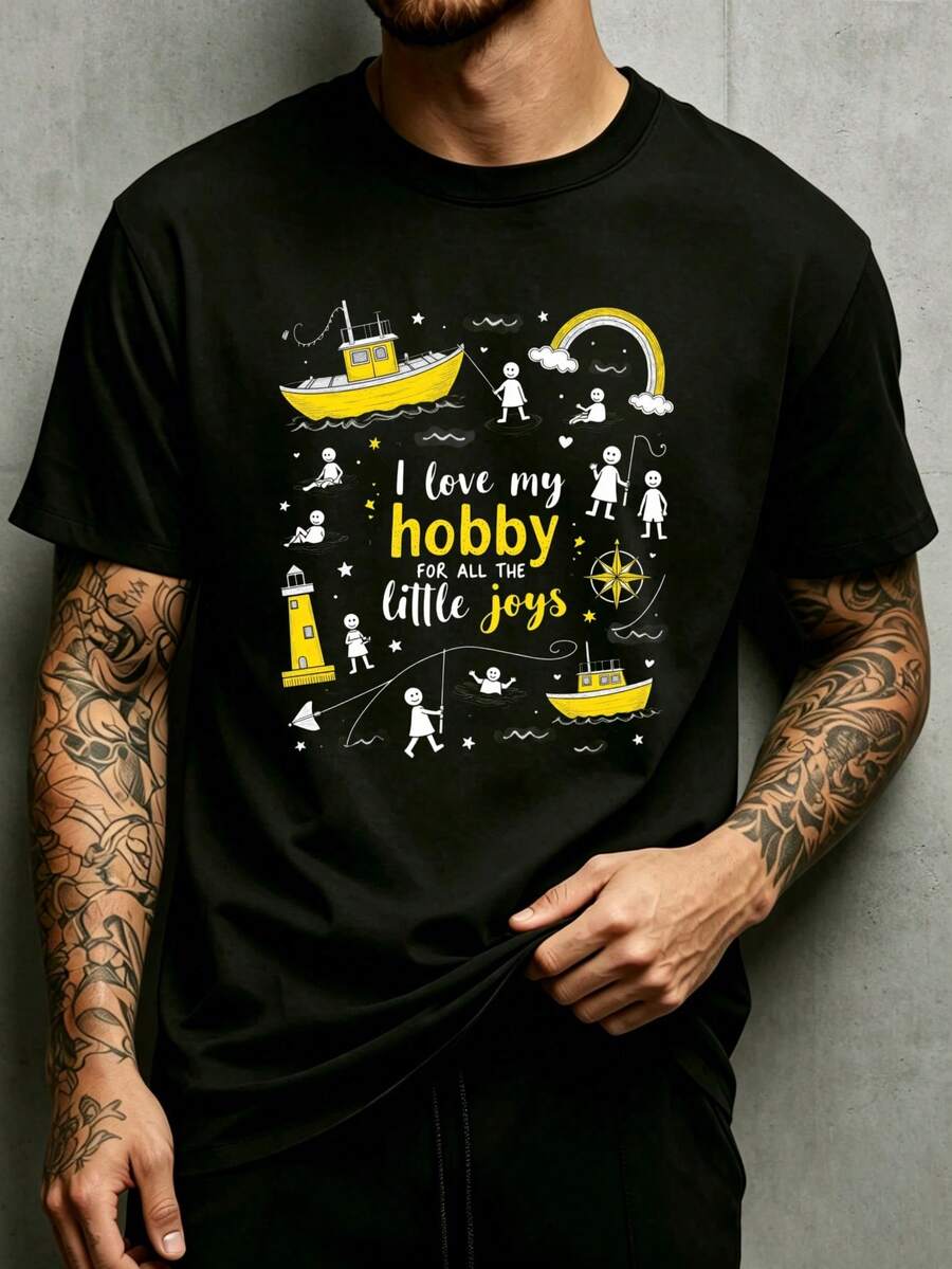 2026 camisetas para hombre con temática náutica, con barcos de pesca, faro y arcoíris, "I Love My Hobby for All The Little Joys". Camiseta de cuello redondo para hombre, corte holgado, 100% - Negro - Ver 1