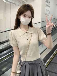 Peter Pan Collar Puff Sleeve Knit Sweater, Sweet Versatile Tops For Women, Summer New Arrival - Apricot - View 4