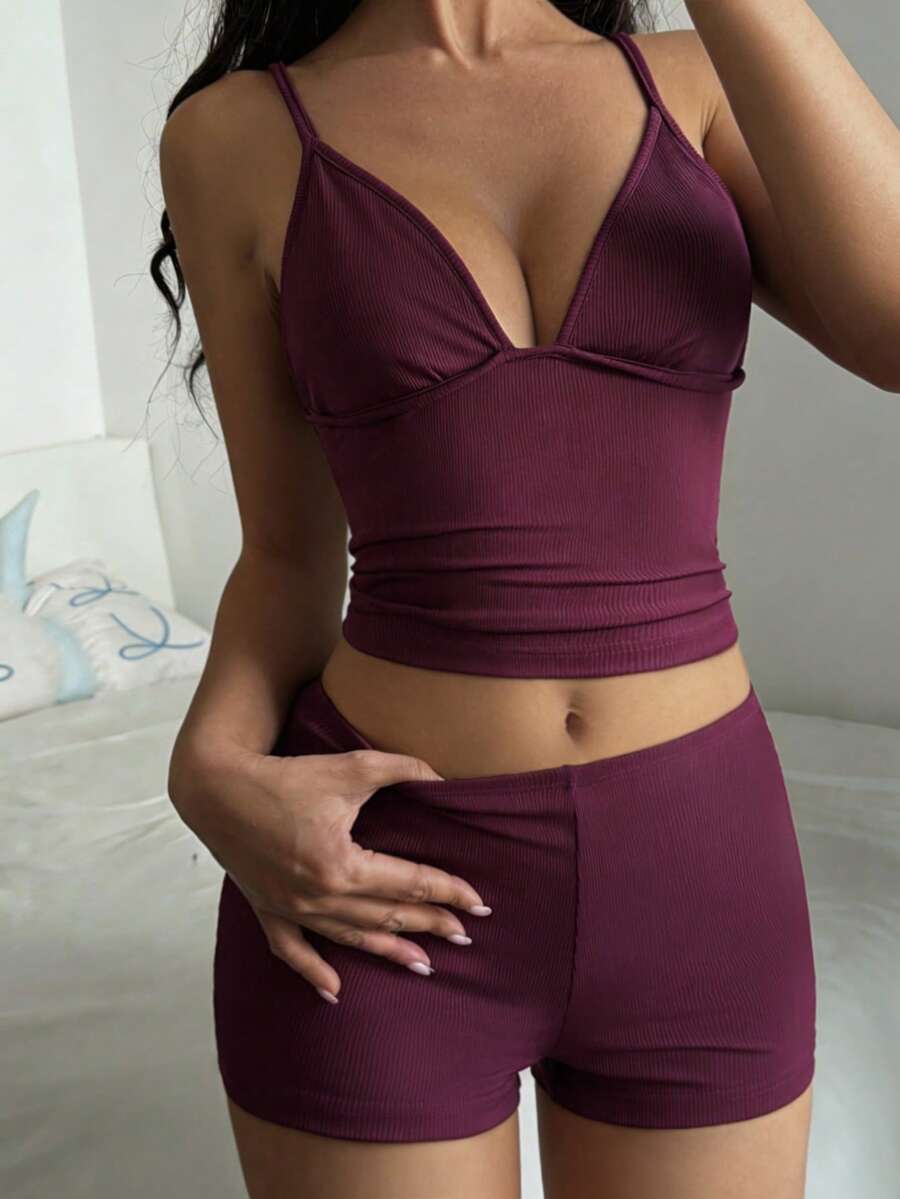 GAOVOT 女士夏季性感露背吊带背心和短裤两件套 - 紫紅色 - 查看 1