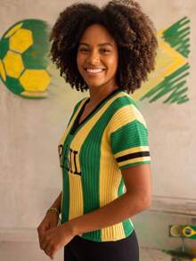 Women's Blouse Brazil Ribbed Knit Short Sleeve V-Neck Front Print Sporty Casual Knit - 黃色 - 查看 2