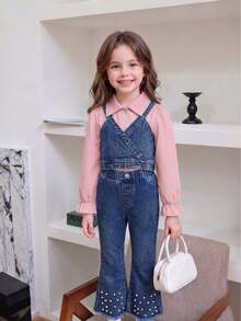 3pcs/Set Girls Solid Color Long Sleeve Shirt + Fashionable Denim Suspender Vest + Fashionable Studded Denim Pants - Pink - View 2