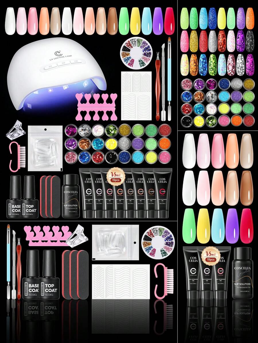 coscelia Kit Kuku Poly Gel 15 Warna dengan Lampu UV, Base Coat, Top Coat, Set Gel Ekstensi Kuku, Gel Kuku Poly Cepat Membentuk, Cetakan Kuku, Alat Manicure untuk Pemula - MultiWarna - View 1