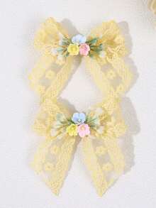 2pcs Yellow Floral Embroidered Lace Hair Clips, Exquisite Embroidered Daisy Hair Clips, Sweet Forest Style Teen Hair Accessories, Spring/Summer - Yellow - View 7