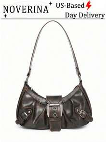1pc Women Retro Biker Chic Studded Adjustable Strap Crossbody Bag,Large Capacity Soft Gradient Leather Shoulder/Underarm Bag, Suitable For Work,Dating - 棕色 - 查看 11