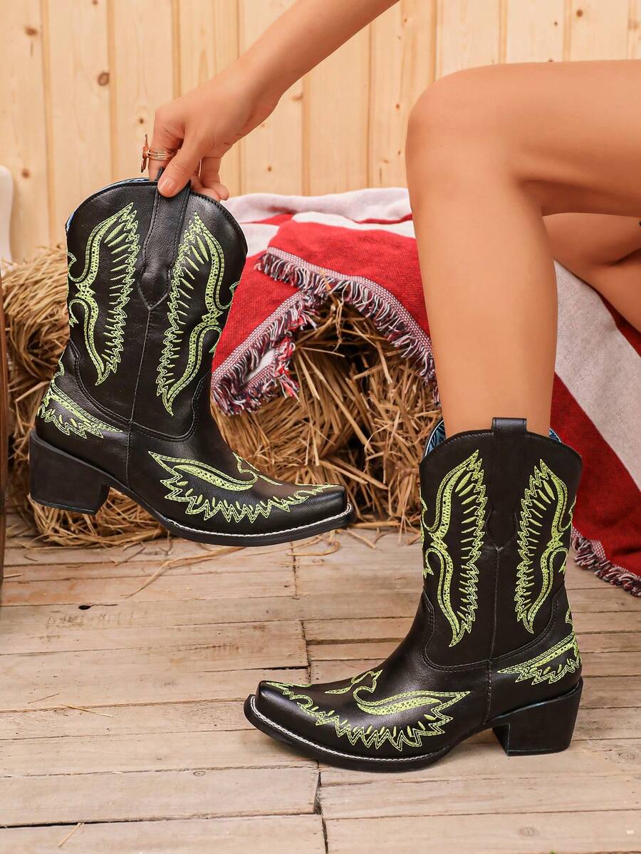 Women's Western Style Embroidered Mid-Calf Boots, Holiday Gift For Girlfriend - Black - View 1