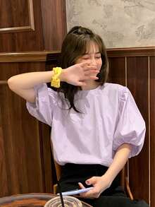 女款素色極簡休閒襯衫上衣 夏季 - 淡紫色 - 查看 3
