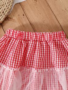 2pcs/Set Girls Sweet Bow Sleeveless Tank Top And Red Plaid Tulle Cake Skirt Summer Outfit - White - View 8