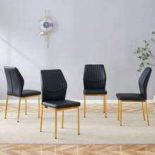 [Set Of 4] Stylish Dining Chairs In A Lightweight Luxury Style / Modern Dining Room Set / PU Backrest With Vertical Embossing + Metal Legs / Load Capacity 120 Kg, Easy To Assemble / Suitable For Dining Rooms Or Living Rooms In A Lightweight Luxury Design. - 黑+金 - 查看 3