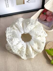 1pc French Style Gentle Embroidery Lace Pearl Hair Tie, Heavy Embroidery Lace With 3D Pearl Design, High-End Elegant Girly Style, Non-Damaging Hair Tie Ponytail Elastics Rubber Bands - Multicolor - View 6