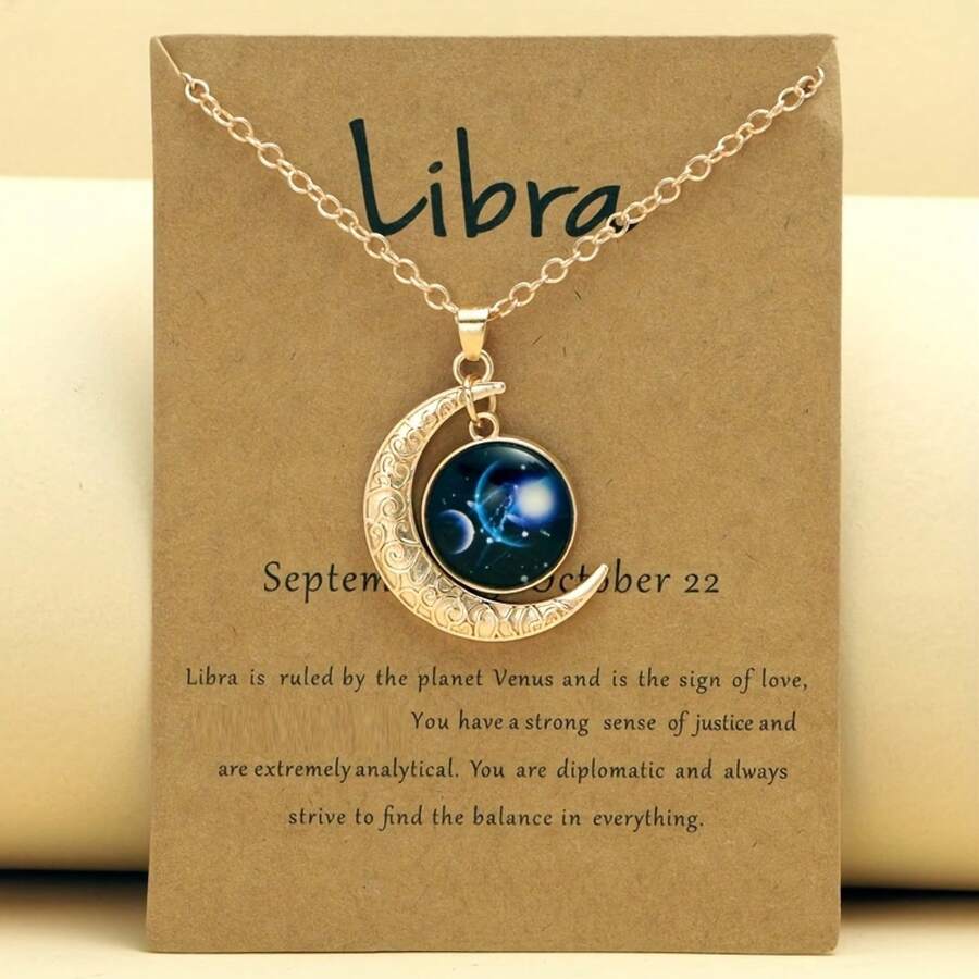 1 Retro Zodiac Moon Pendant Necklace That Glows In The Dark - Vintage Style, Zinc Alloy With Details, Adjustable Chain For Women - Ideal For Everyday Wear And Gifts - 金鎊 - 查看 1