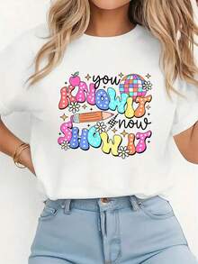 Camiseta gr£fica de manga corta casual para mujer de primavera y verano con estampado gr£fico "Tempor de graduacin - Blanco - Ver 2