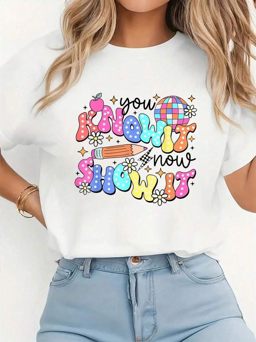 Camiseta gr£fica de manga corta casual para mujer de primavera y verano con estampado gr£fico "Tempor de graduaci￳n