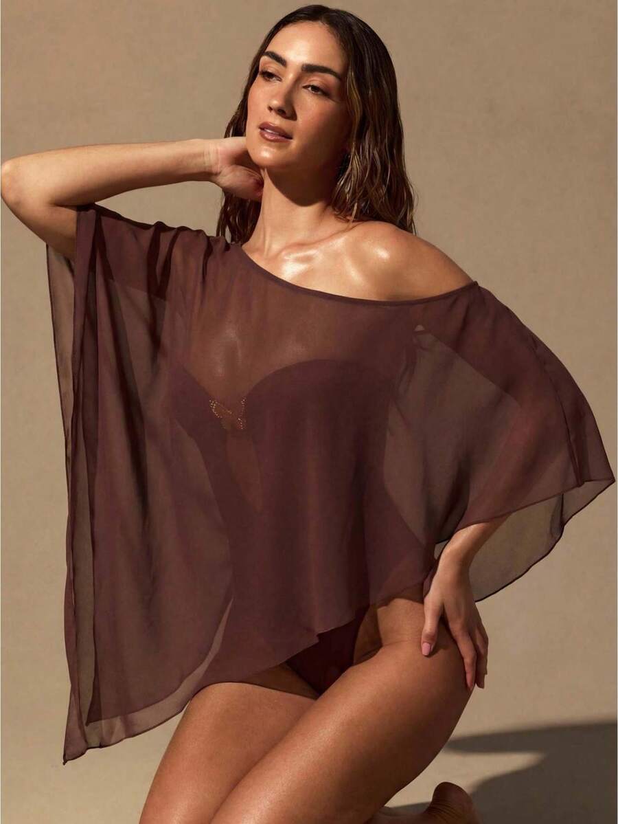 Women's Off Shoulder Sheer Cover Up Set Ornament Irregular Hem Mesh Outfit, Lightweight Fabric, Resort Beach Night Out Swim Matching Set - Brown - View 1
