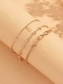 3pcs/Set Classic All-Match Gold Infinity Symbol Heart Decor Cross Star Rhinestone Anklet Set, Versatile Women's Foot Jewelry Suitable For Daily Wear, Vacation, Date And Party - Multicolor - View 3
