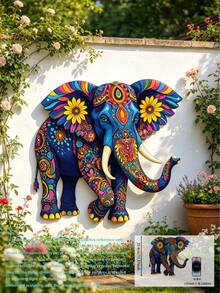 1Pc 2D Flat Colorful Elephant Metal Wall Decor, Boho Style Elephant Garden Ornament, Suitable For Home, Yard, Room, Courtyard And Balcony Decoration, Also Used As Outdoor Fence Decor, Housewarming & Holiday Gift, Ideal Present For Friends And Family - Elephant B - View 12