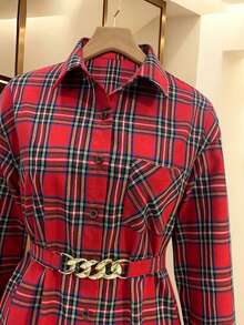 Women's Autumn/Winter Holiday Color Plaid Mid-Length High-Low Hem Slightly Dropped Shoulder Loose Fit Metal Buckle Design Belt Long Sleeve Shirt - Red - View 5